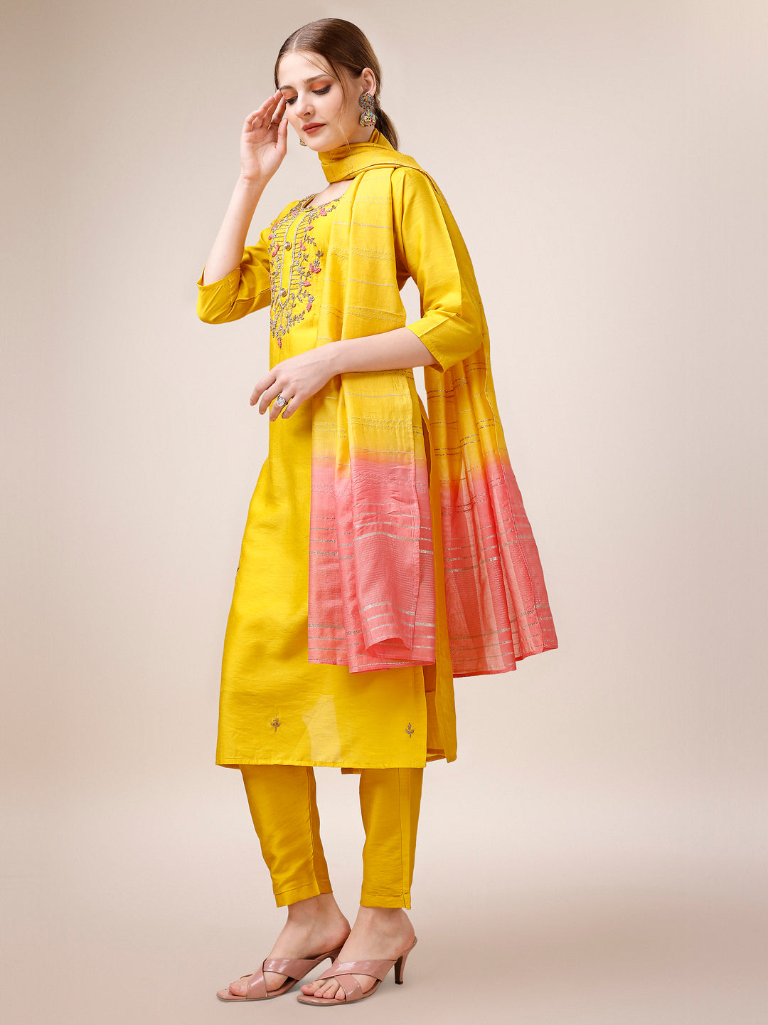 Hand Embroidered Kurta With Pant And Dupatta Set, Multicolor - Hiral Fashion