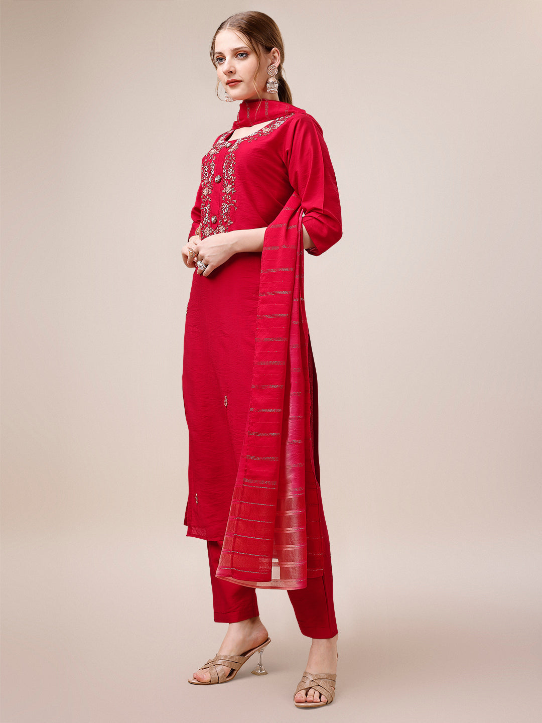 Hand Embroidered Kurta With Pant And Dupatta Set, Multicolor - Hiral Fashion