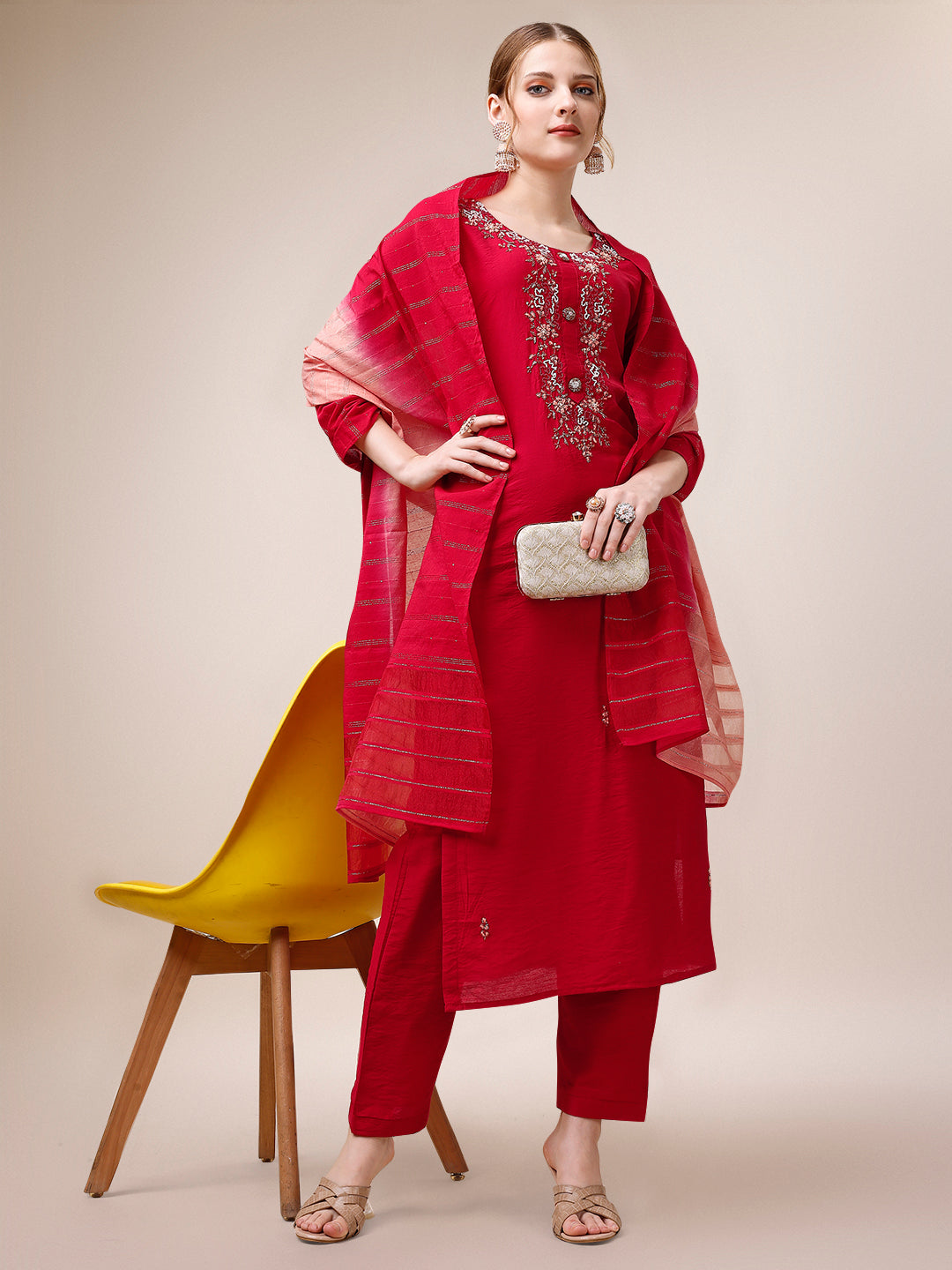 Hand Embroidered Kurta With Pant And Dupatta Set, Multicolor - Hiral Fashion