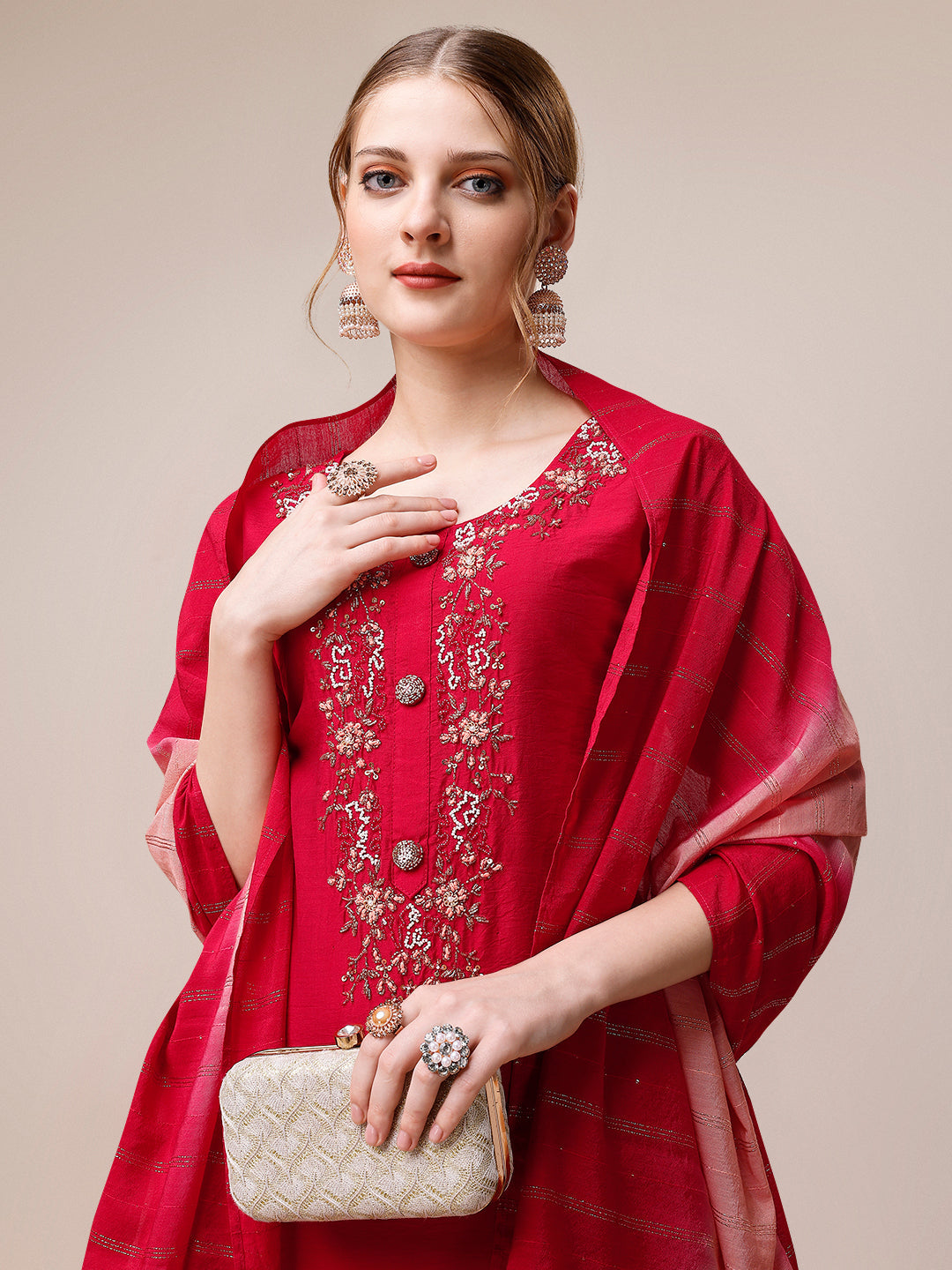 Hand Embroidered Kurta With Pant And Dupatta Set, Multicolor - Hiral Fashion