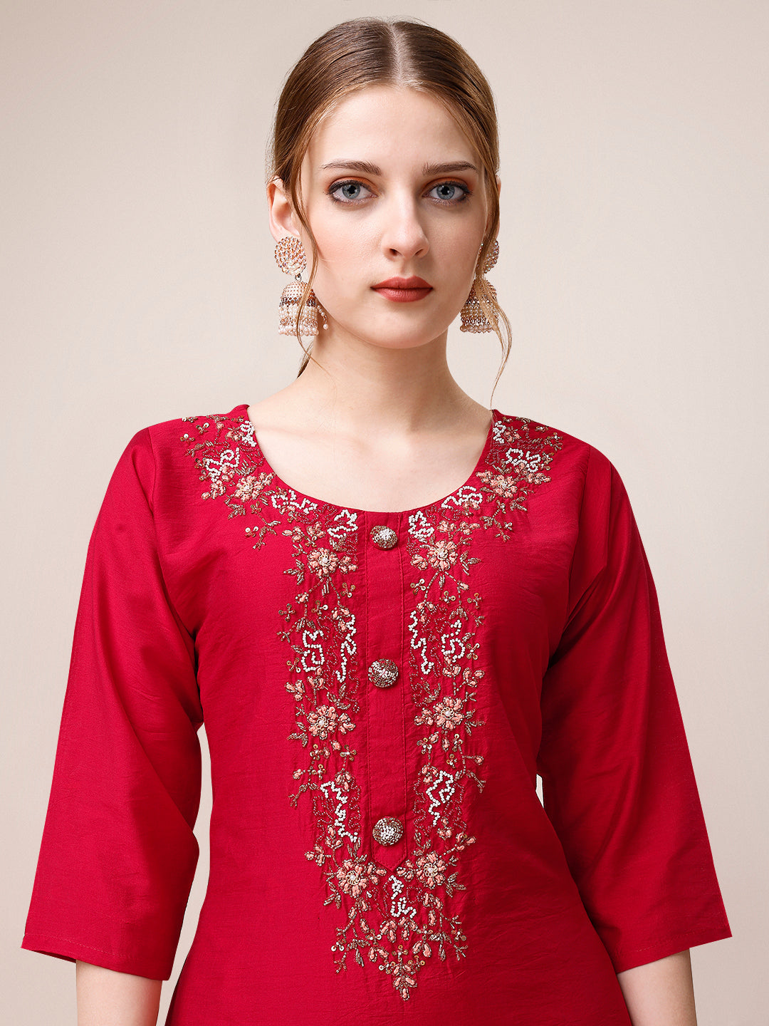 Hand Embroidered Kurta With Pant And Dupatta Set, Multicolor - Hiral Fashion