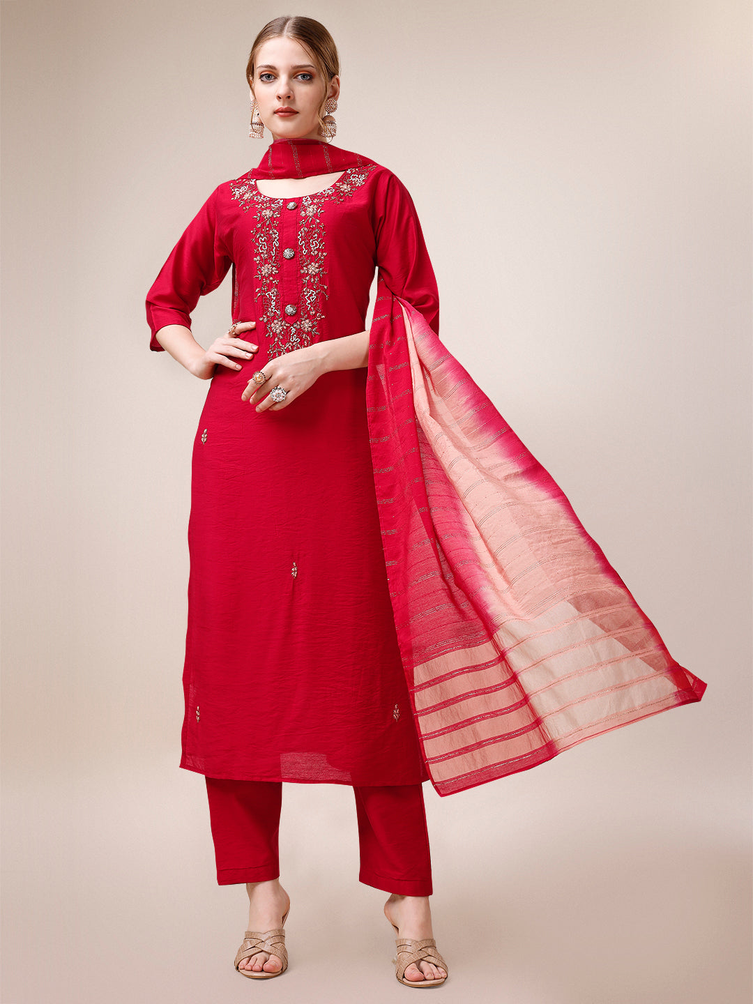 Hand Embroidered Kurta With Pant And Dupatta Set, Multicolor - Hiral Fashion