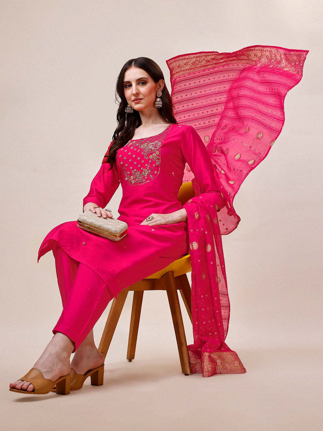 Pink Chanderi Embroidered Kurta With Pant & Dupatta Set., Multicolor - Hiral Fashion