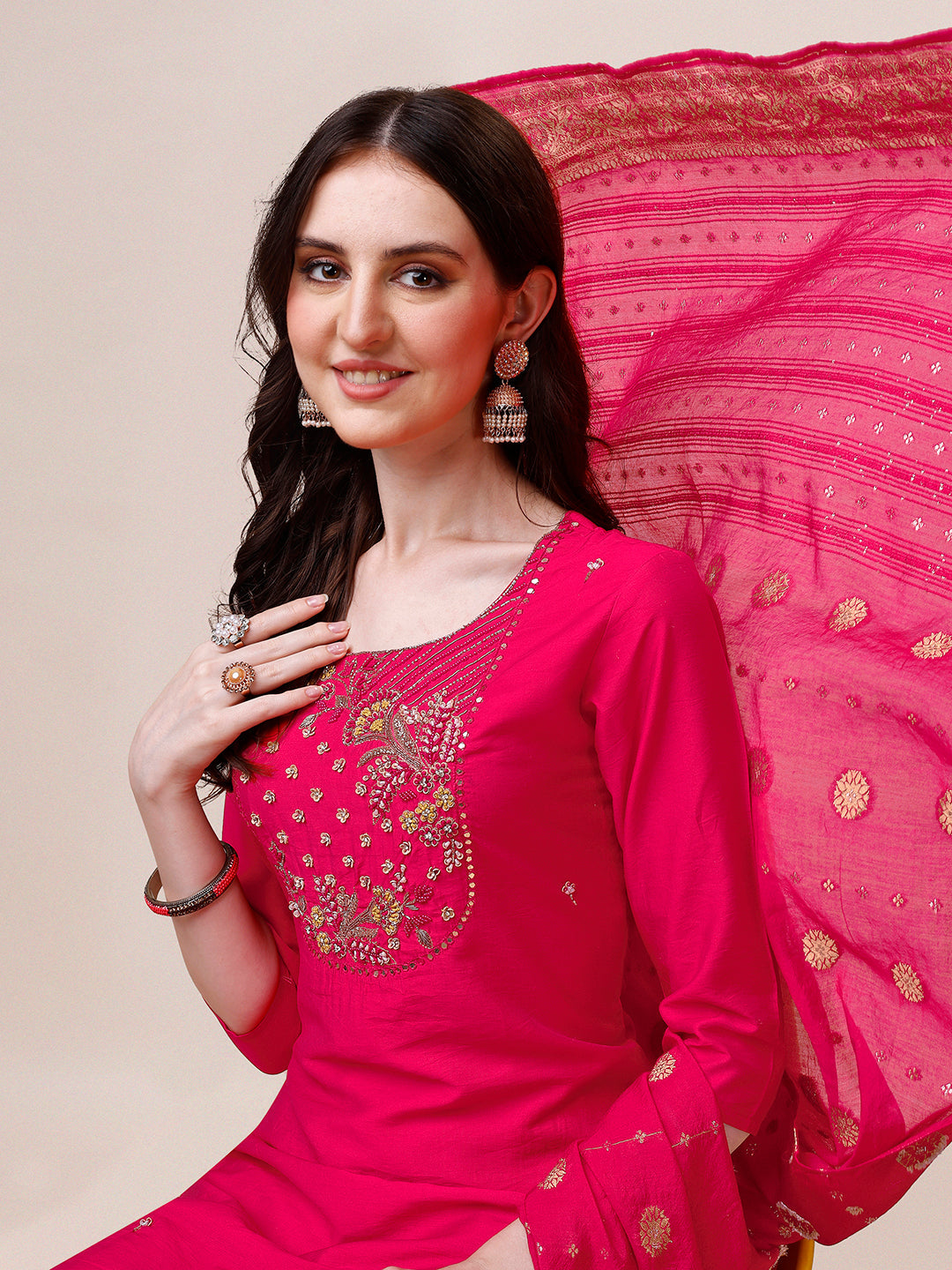 Pink Chanderi Embroidered Kurta With Pant & Dupatta Set., Multicolor - Hiral Fashion