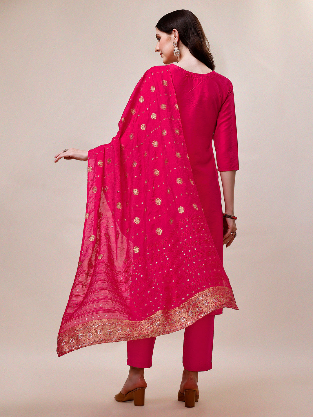 Pink Chanderi Embroidered Kurta With Pant & Dupatta Set., Multicolor - Hiral Fashion