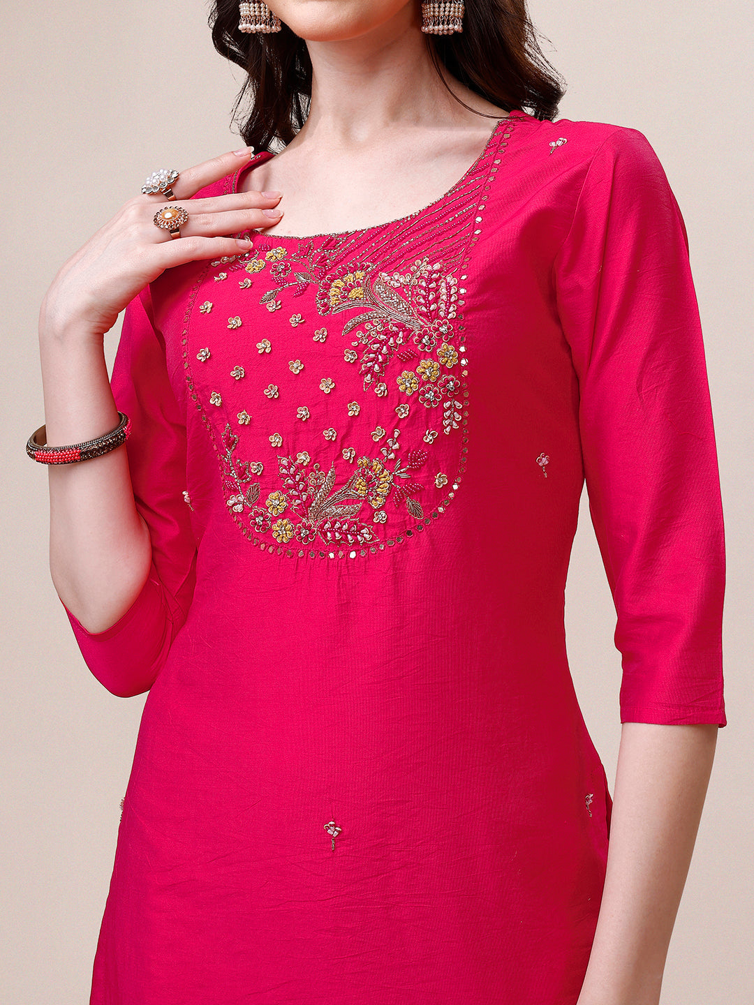 Pink Chanderi Embroidered Kurta With Pant & Dupatta Set., Multicolor - Hiral Fashion
