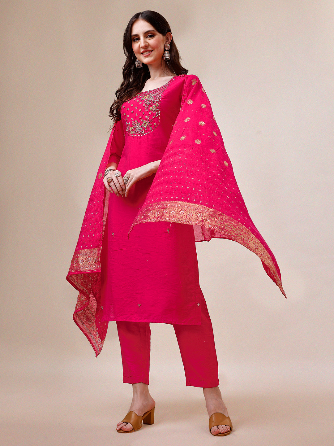 Pink Chanderi Embroidered Kurta With Pant & Dupatta Set., Multicolor - Hiral Fashion