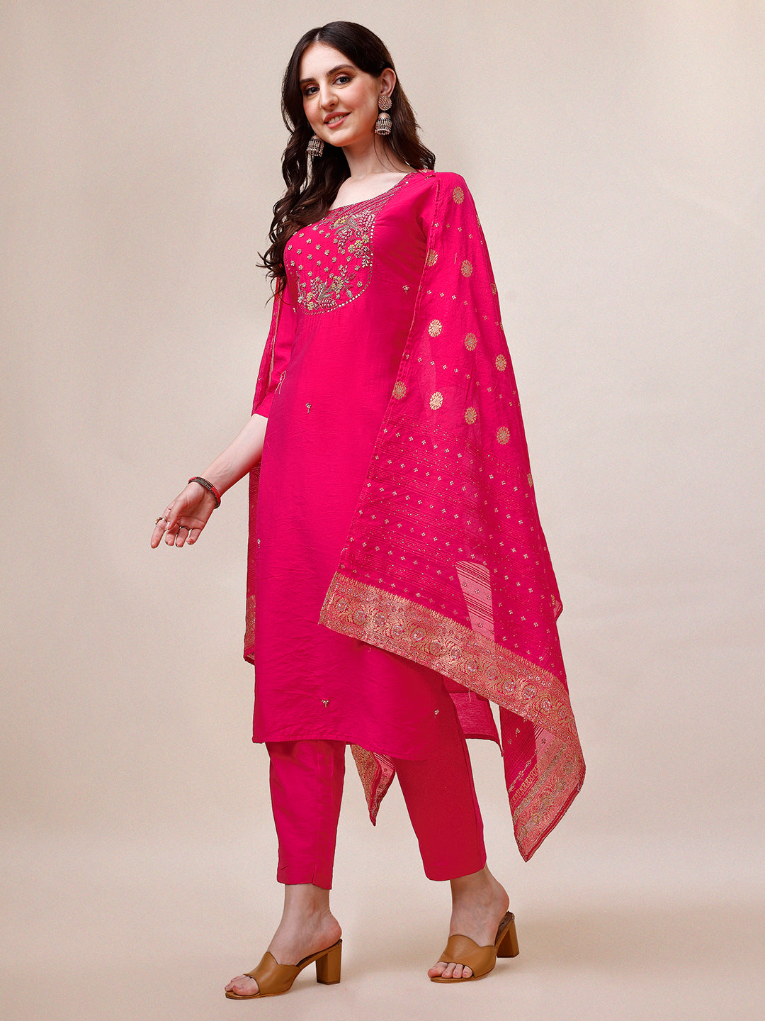 Pink Chanderi Embroidered Kurta With Pant & Dupatta Set., Multicolor - Hiral Fashion