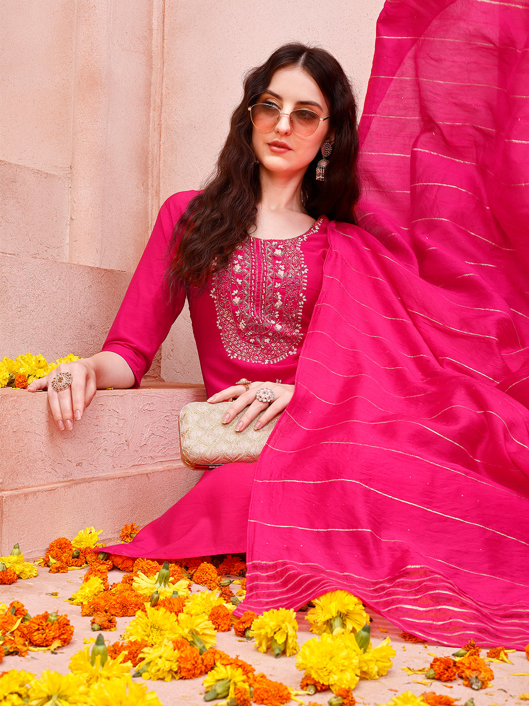 Embroidered Kurta With Pant And Dupatta Set, Multicolor - Hiral Fashion
