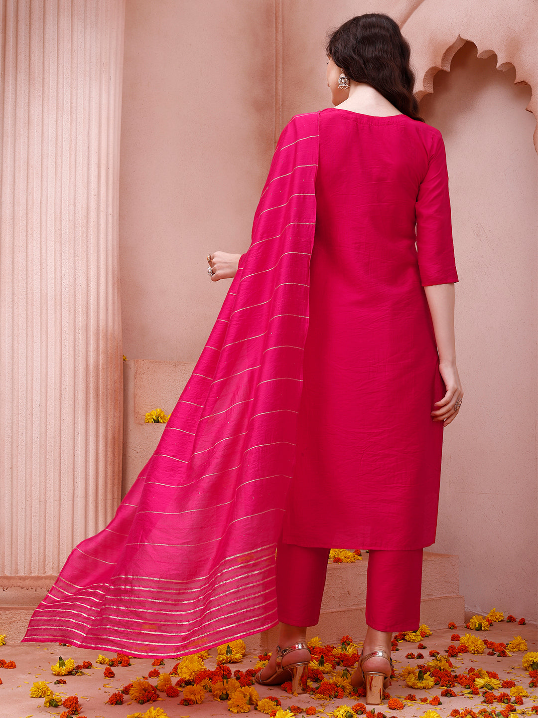 Embroidered Kurta With Pant And Dupatta Set, Multicolor - Hiral Fashion