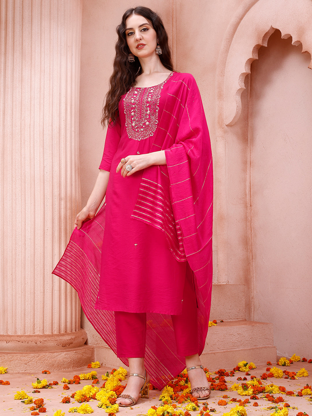 Embroidered Kurta With Pant And Dupatta Set, Multicolor - Hiral Fashion