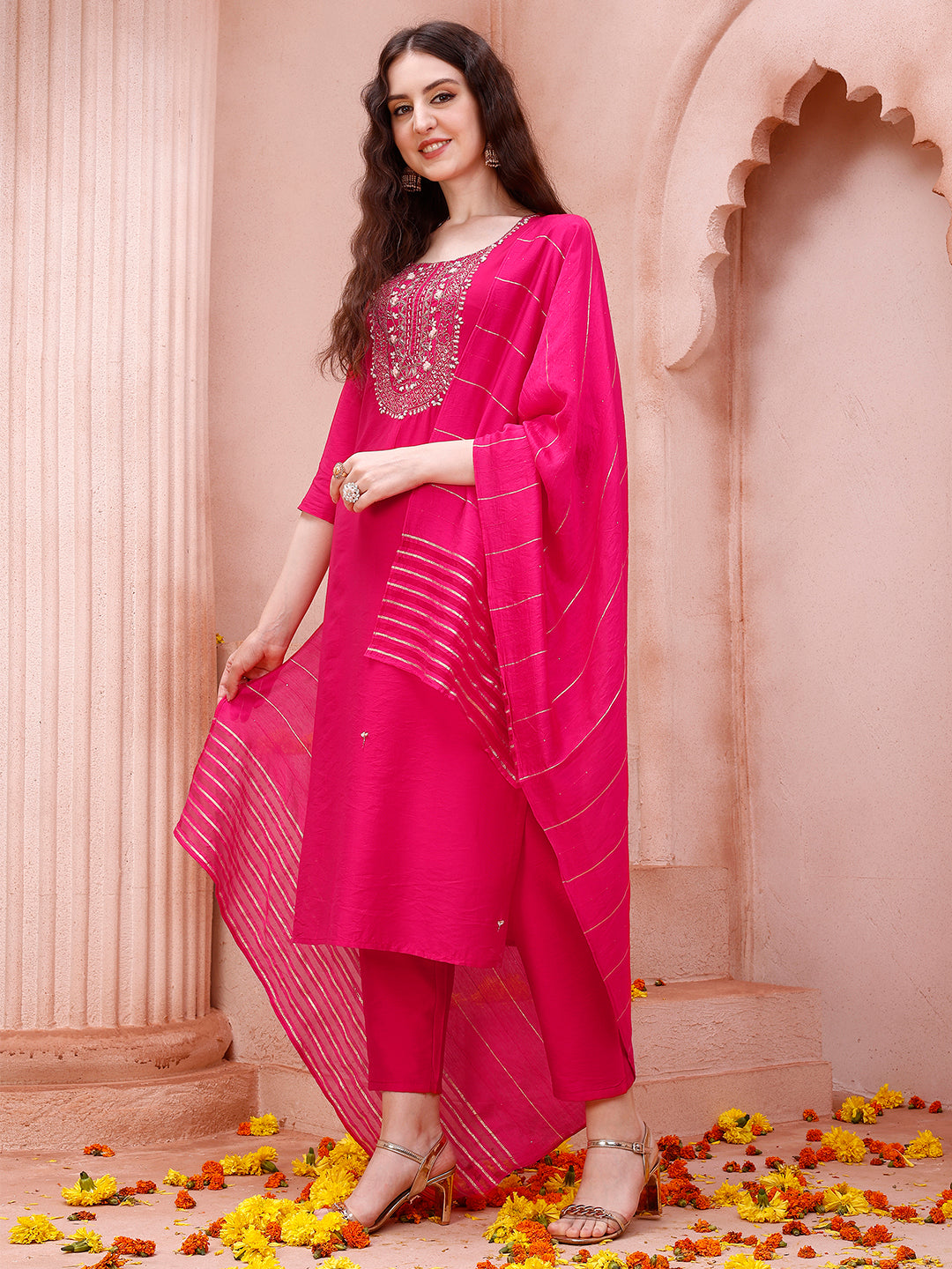 Embroidered Kurta With Pant And Dupatta Set, Multicolor - Hiral Fashion