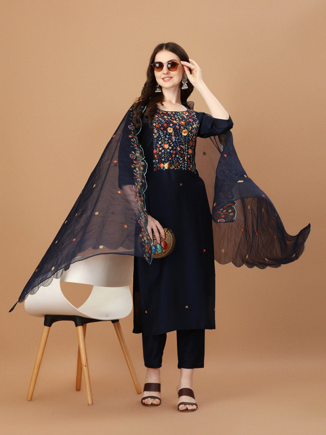 Embroidered Kurta With Pant And Embroidered Dupatta Set, Multicolor - Hiral Fashion