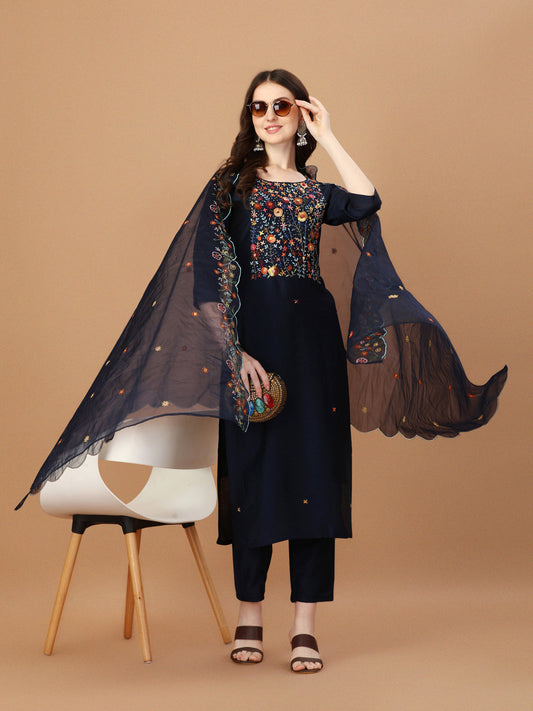 Embroidered Kurta With Pant And Embroidered Dupatta Set, Multicolor - Hiral Fashion