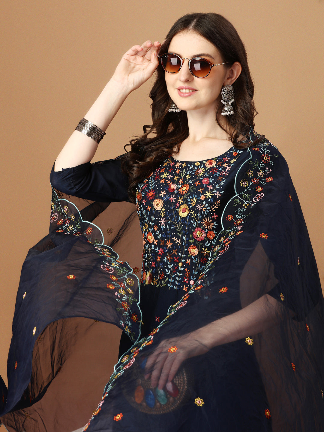 Embroidered Kurta With Pant And Embroidered Dupatta Set, Multicolor - Hiral Fashion