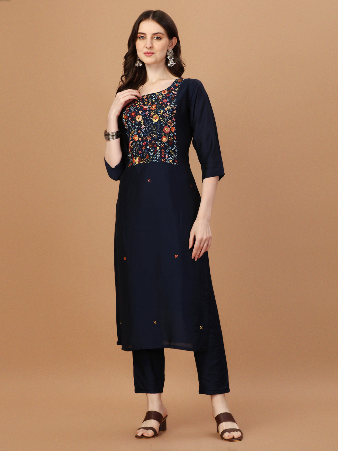 Embroidered Kurta With Pant And Embroidered Dupatta Set, Multicolor - Hiral Fashion