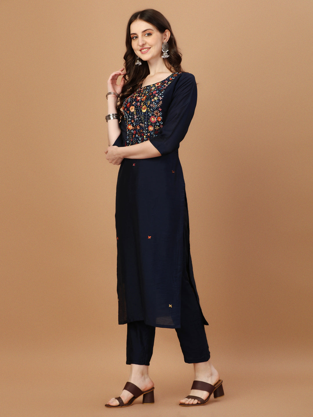 Embroidered Kurta With Pant And Embroidered Dupatta Set, Multicolor - Hiral Fashion