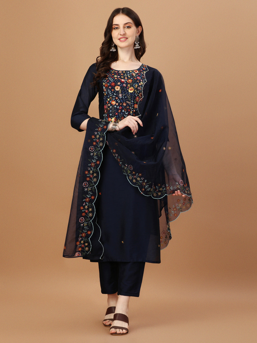 Embroidered Kurta With Pant And Embroidered Dupatta Set, Multicolor - Hiral Fashion