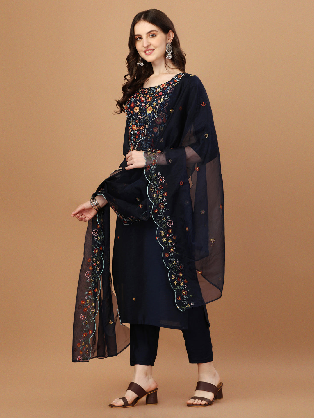 Embroidered Kurta With Pant And Embroidered Dupatta Set, Multicolor - Hiral Fashion