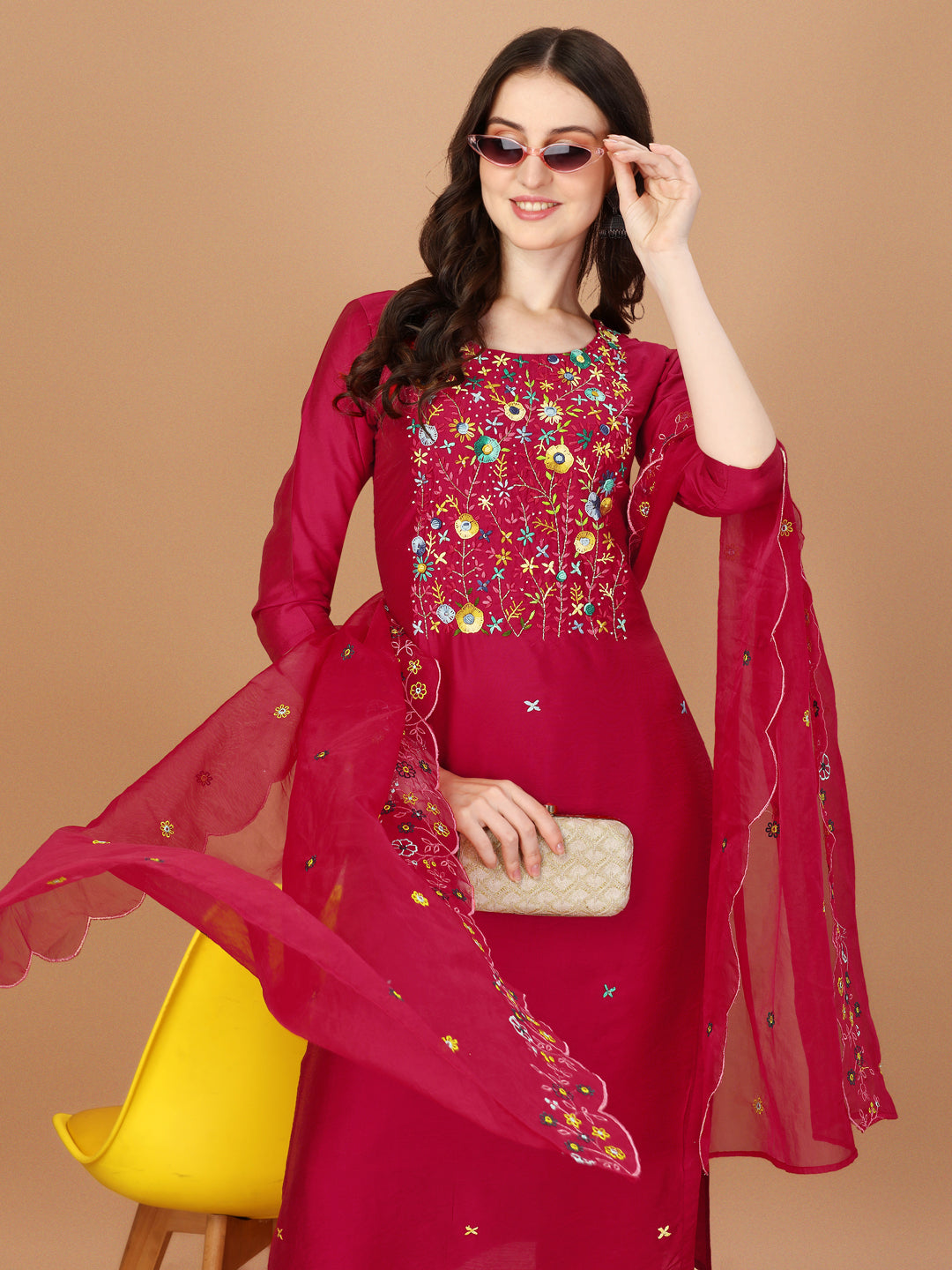 Embroidered Kurta With Pant And Embroidered Dupatta Set, Multicolor - Hiral Fashion