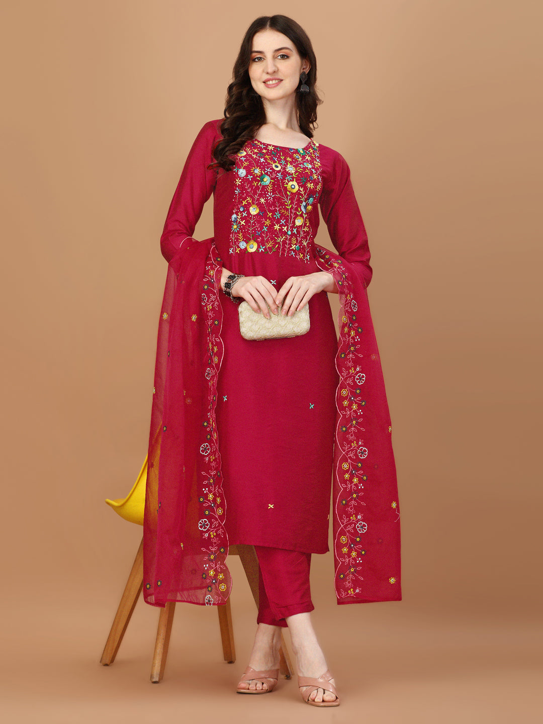 Embroidered Kurta With Pant And Embroidered Dupatta Set, Multicolor - Hiral Fashion
