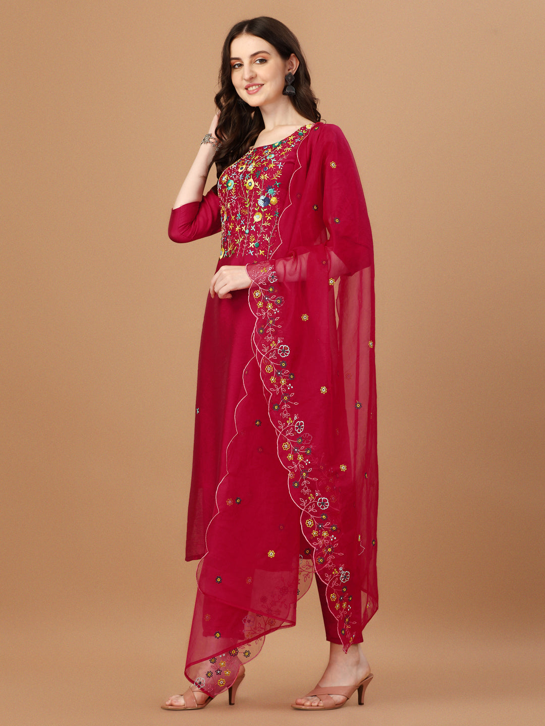 Embroidered Kurta With Pant And Embroidered Dupatta Set, Multicolor - Hiral Fashion