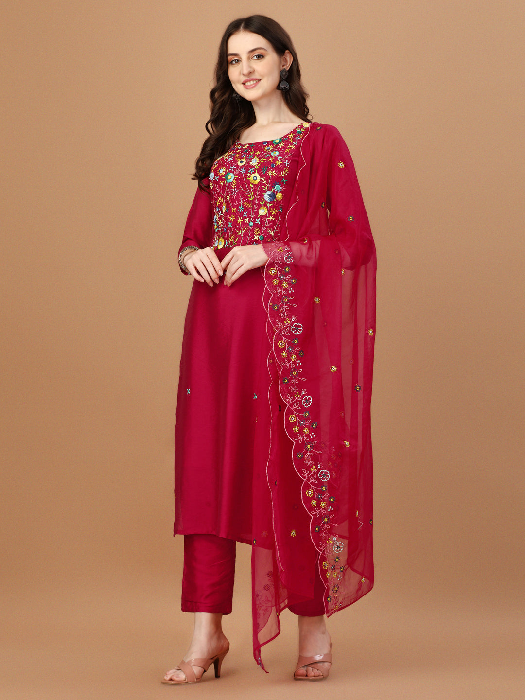 Embroidered Kurta With Pant And Embroidered Dupatta Set, Multicolor - Hiral Fashion