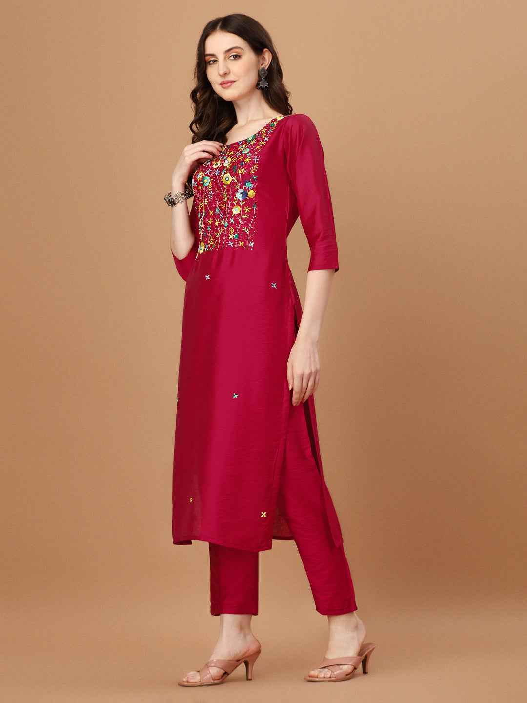 Embroidered Kurta With Pant And Embroidered Dupatta Set, Multicolor - Hiral Fashion