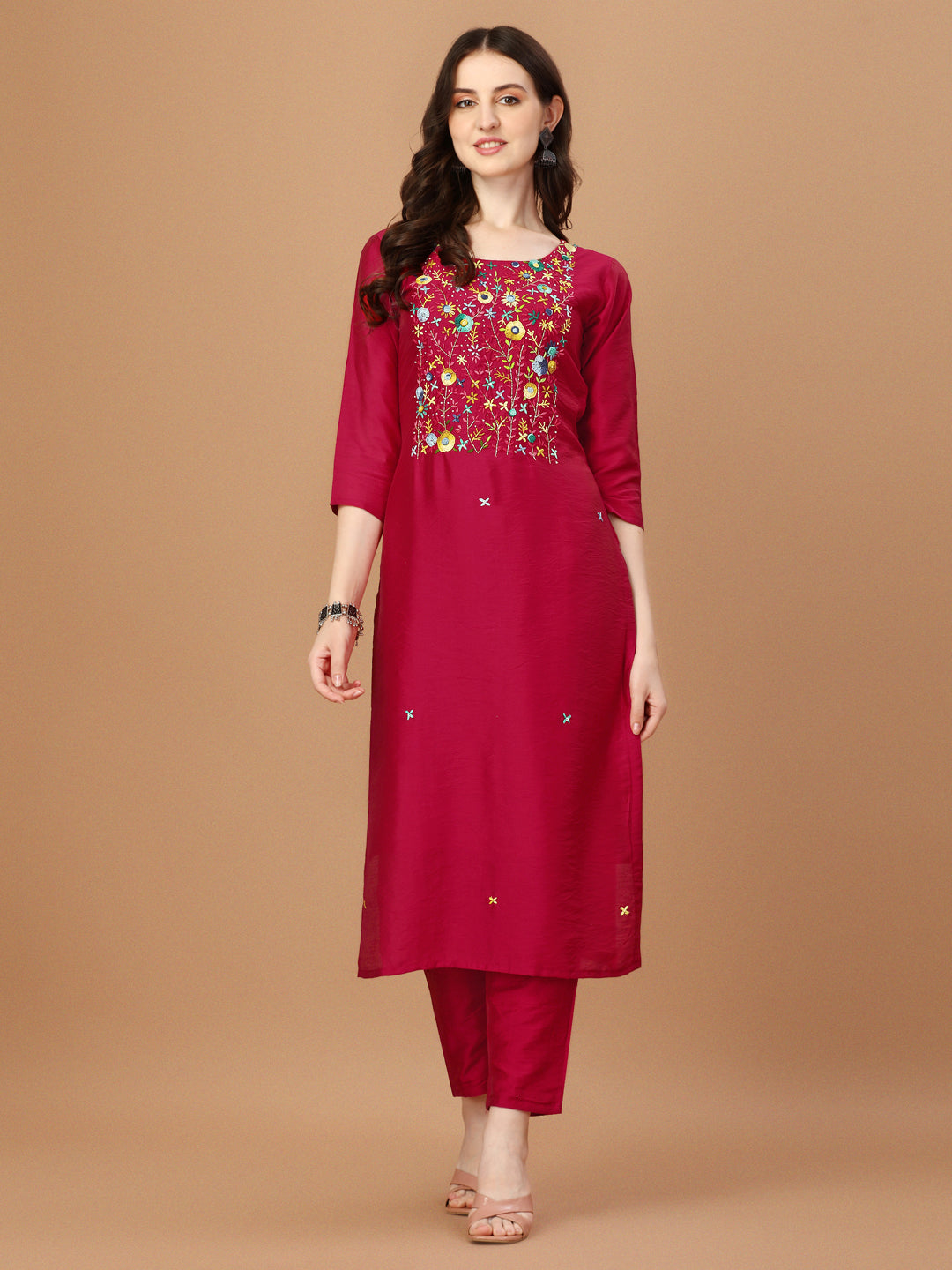 Embroidered Kurta With Pant And Embroidered Dupatta Set, Multicolor - Hiral Fashion