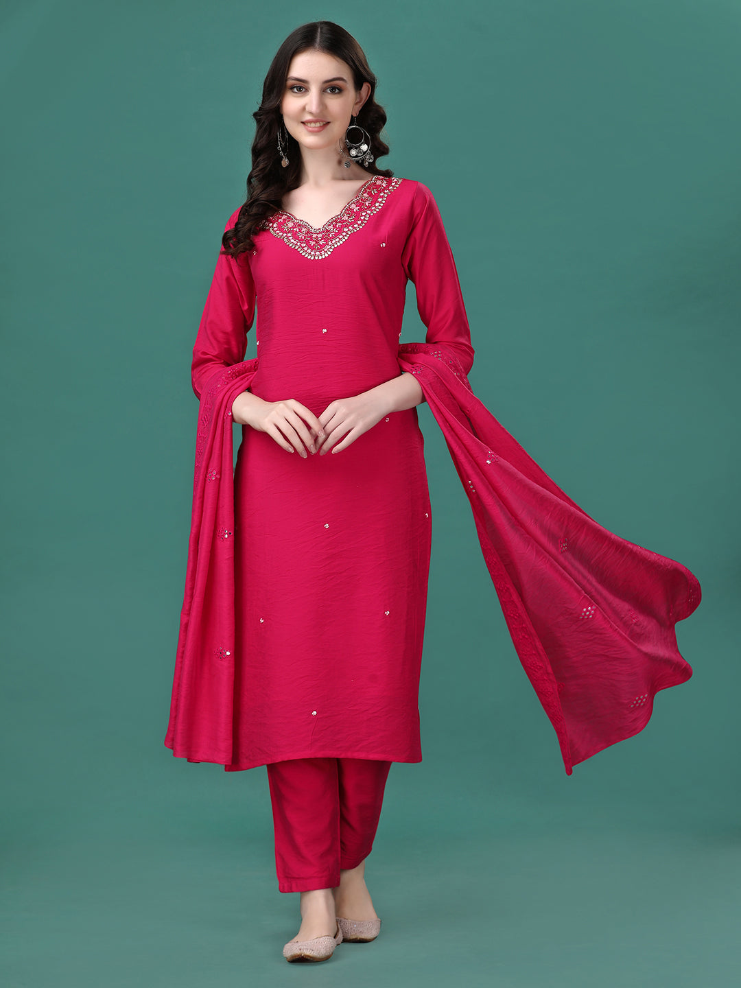 Hand Embroidered Kurta With Pant & Dupatta, Multicolor - Hiral Fashion