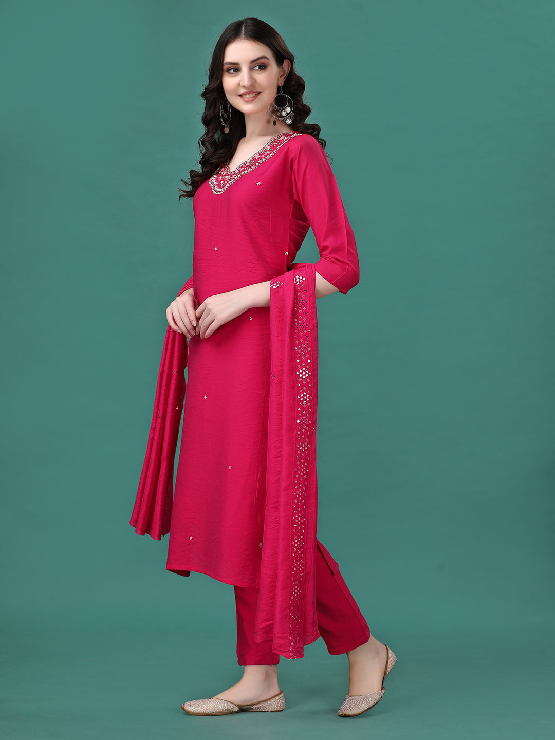 Hand Embroidered Kurta With Pant & Dupatta, Multicolor - Hiral Fashion