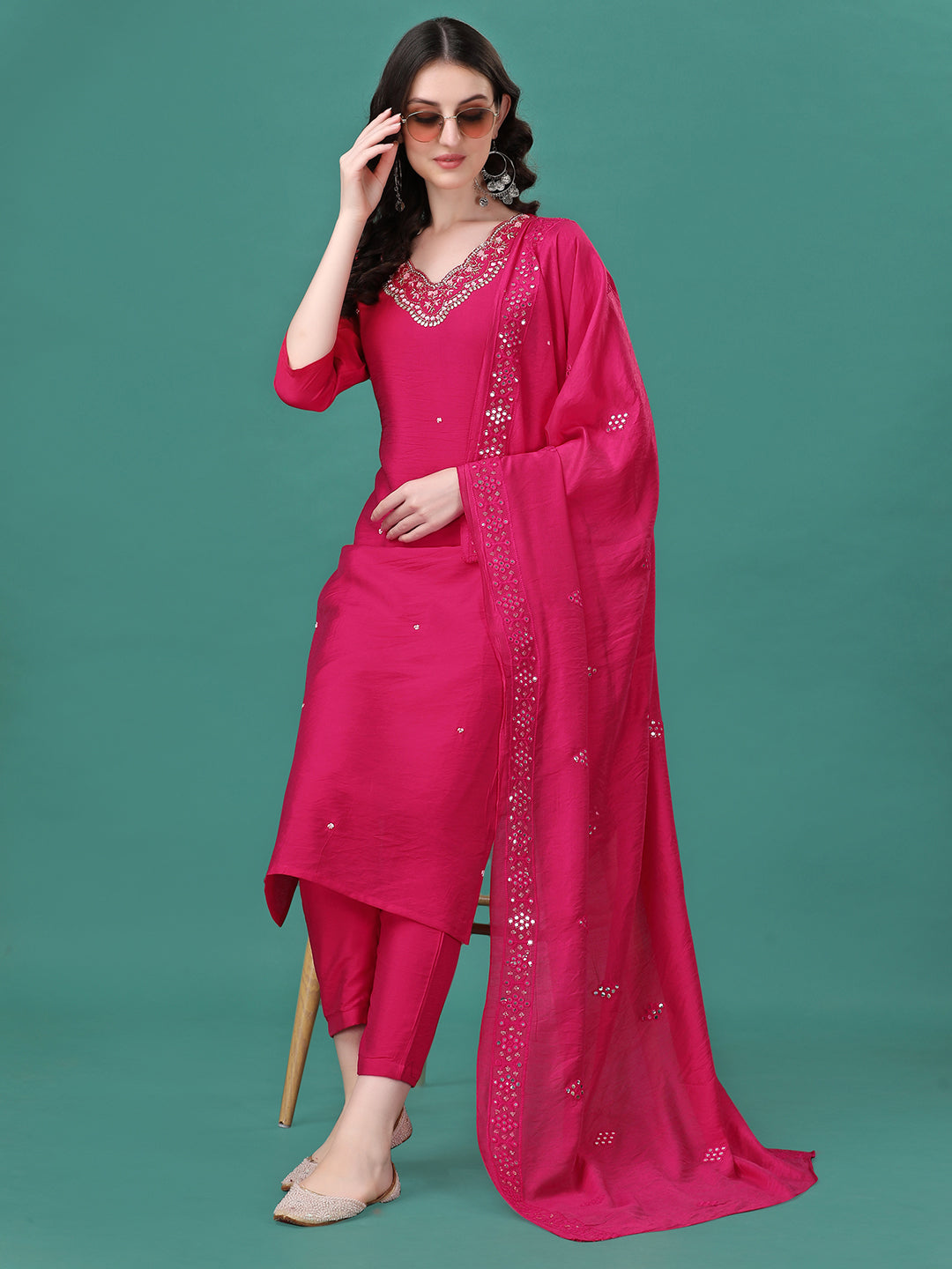 Hand Embroidered Kurta With Pant & Dupatta, Multicolor - Hiral Fashion