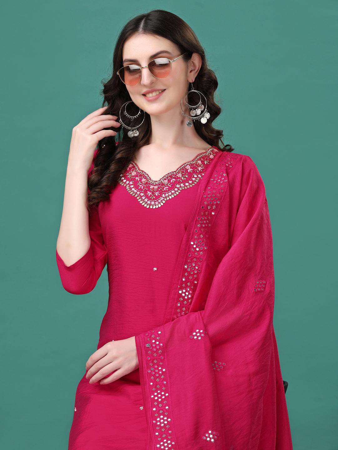 Hand Embroidered Kurta With Pant & Dupatta, Multicolor - Hiral Fashion