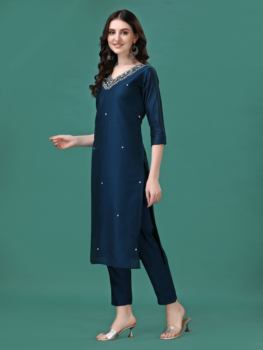 Hand Embroidered Kurta With Pant & Dupatta, Multicolor - Hiral Fashion