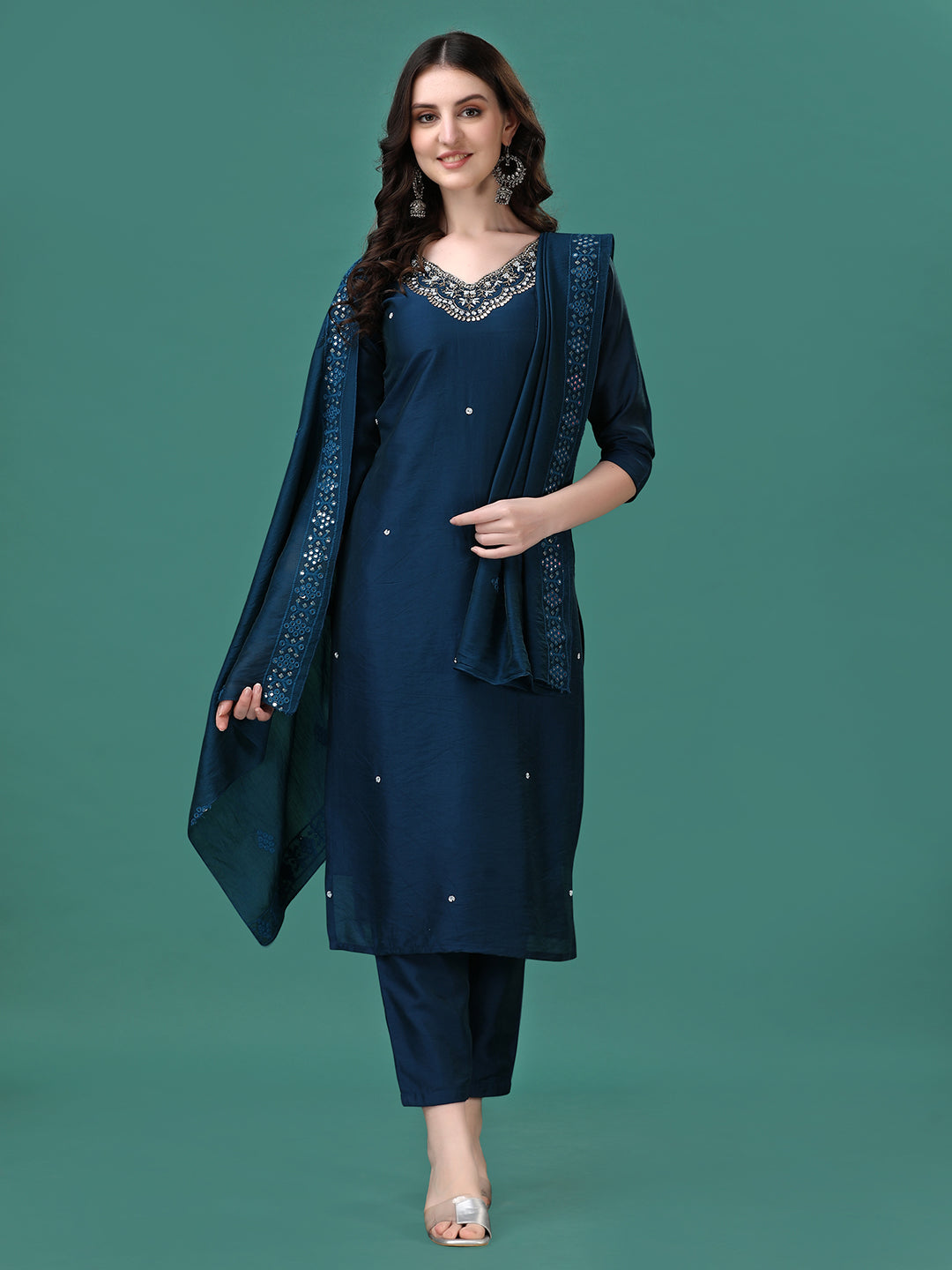 Hand Embroidered Kurta With Pant & Dupatta, Multicolor - Hiral Fashion