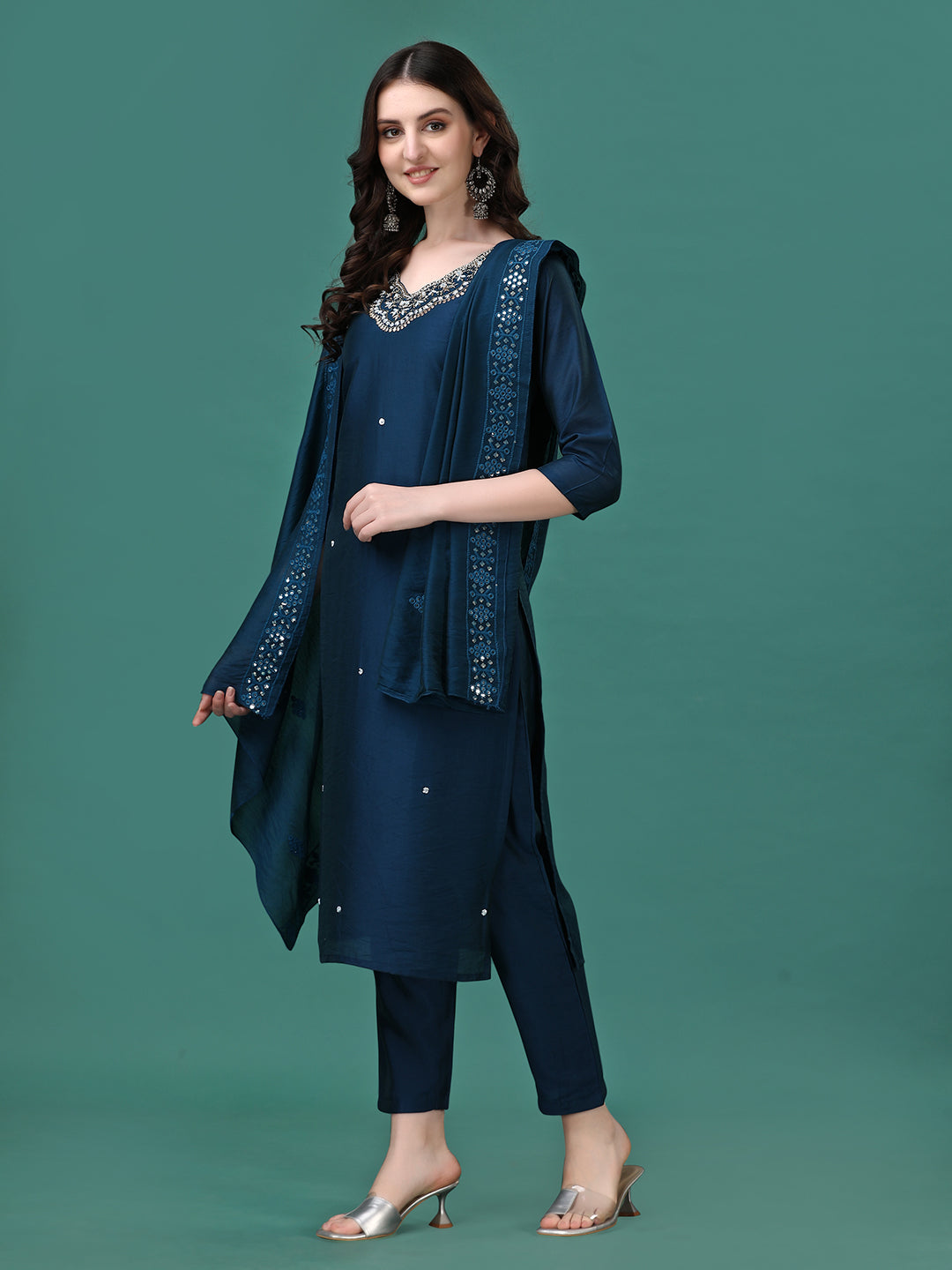 Hand Embroidered Kurta With Pant & Dupatta, Multicolor - Hiral Fashion