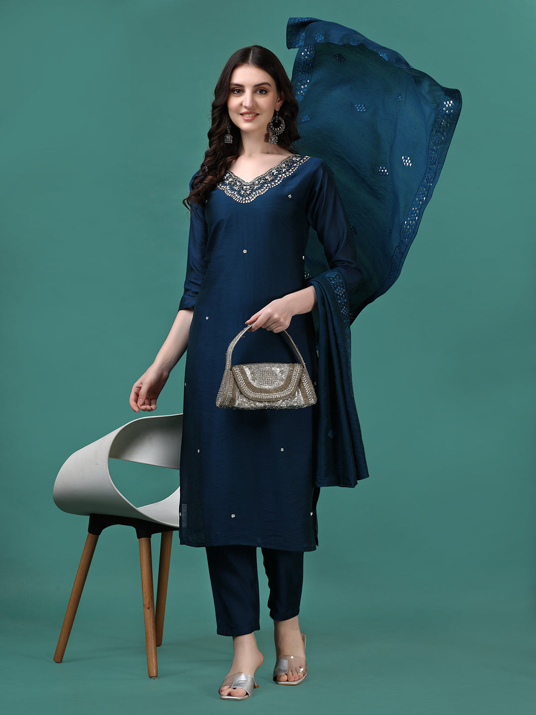 Hand Embroidered Kurta With Pant & Dupatta, Multicolor - Hiral Fashion