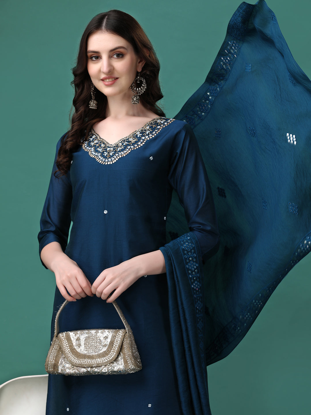 Hand Embroidered Kurta With Pant & Dupatta, Multicolor - Hiral Fashion