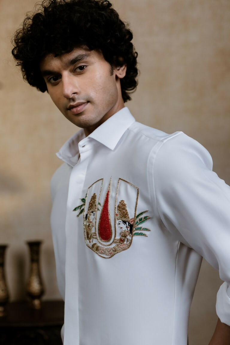 British White Sri Vari Sutra Shirt By Hilo Design 