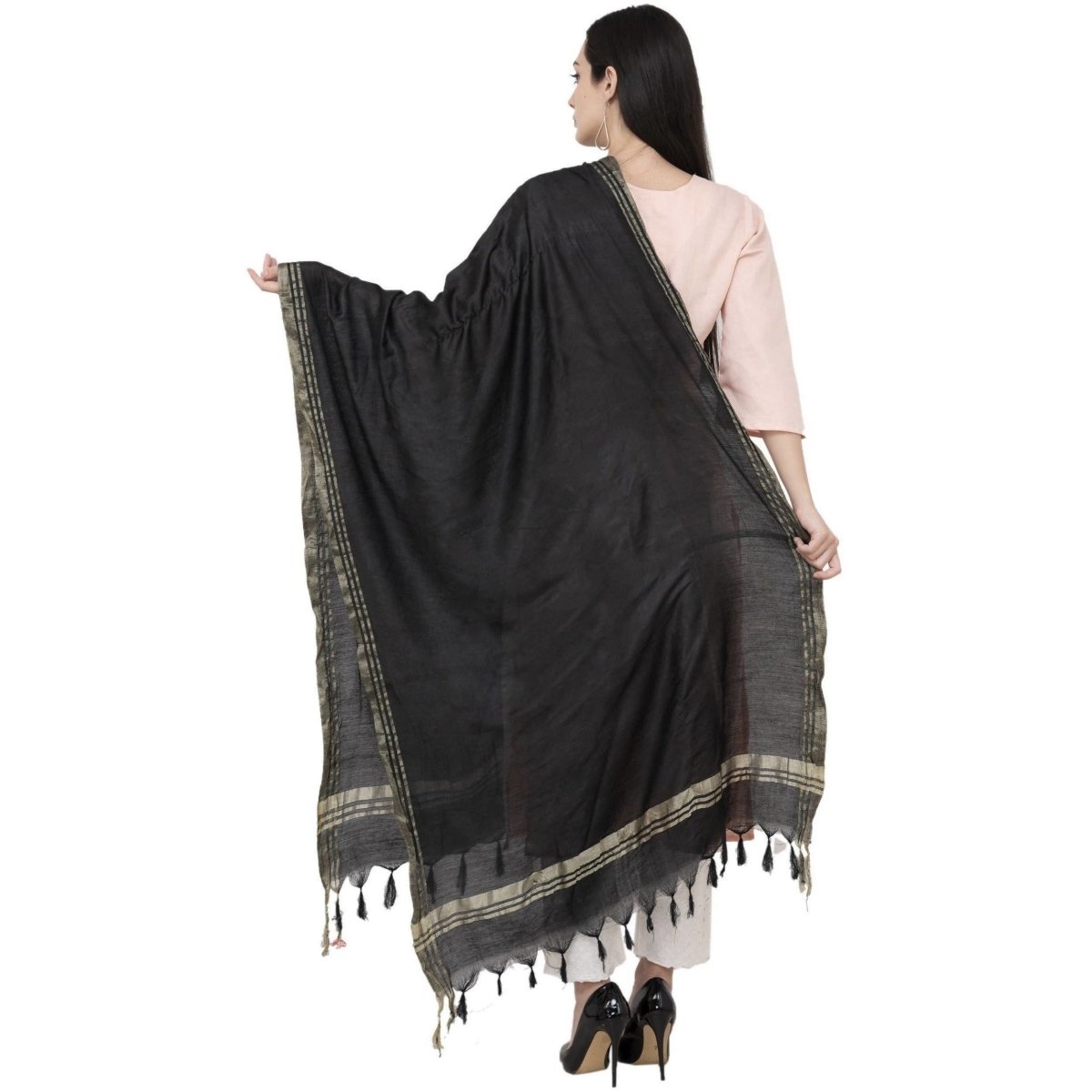 A R Silk Golden Border Regular Dupatta Color Black Dupatta or Chunni 