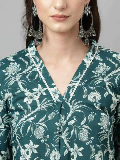 FIORRA Women's Teal Green Cotton A-Line Kurta Set 