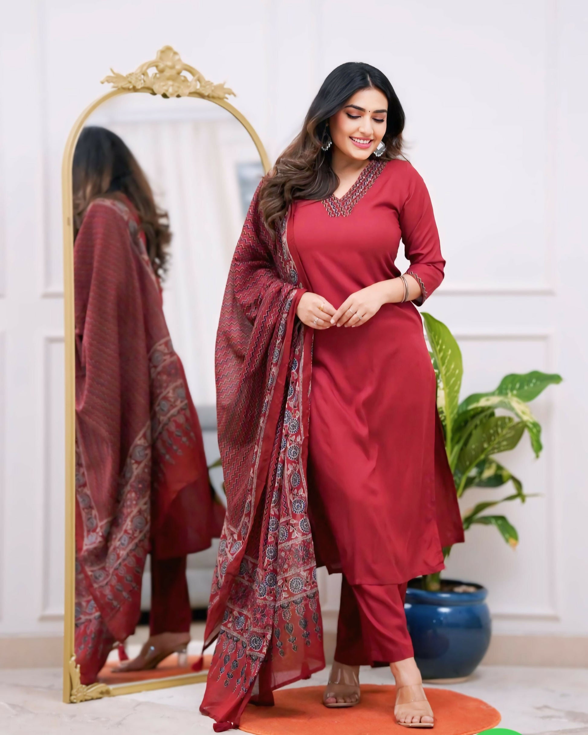 The52 Maroon Women's Gorgeous Parampara Fabric Embroidered Work Straight Kurta Pant and Dupatta Set | Grab2Buy