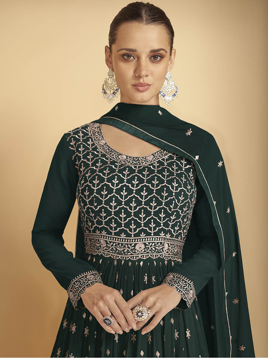 Myra Dark Green Georgette Embroidered Sharara Suit 
