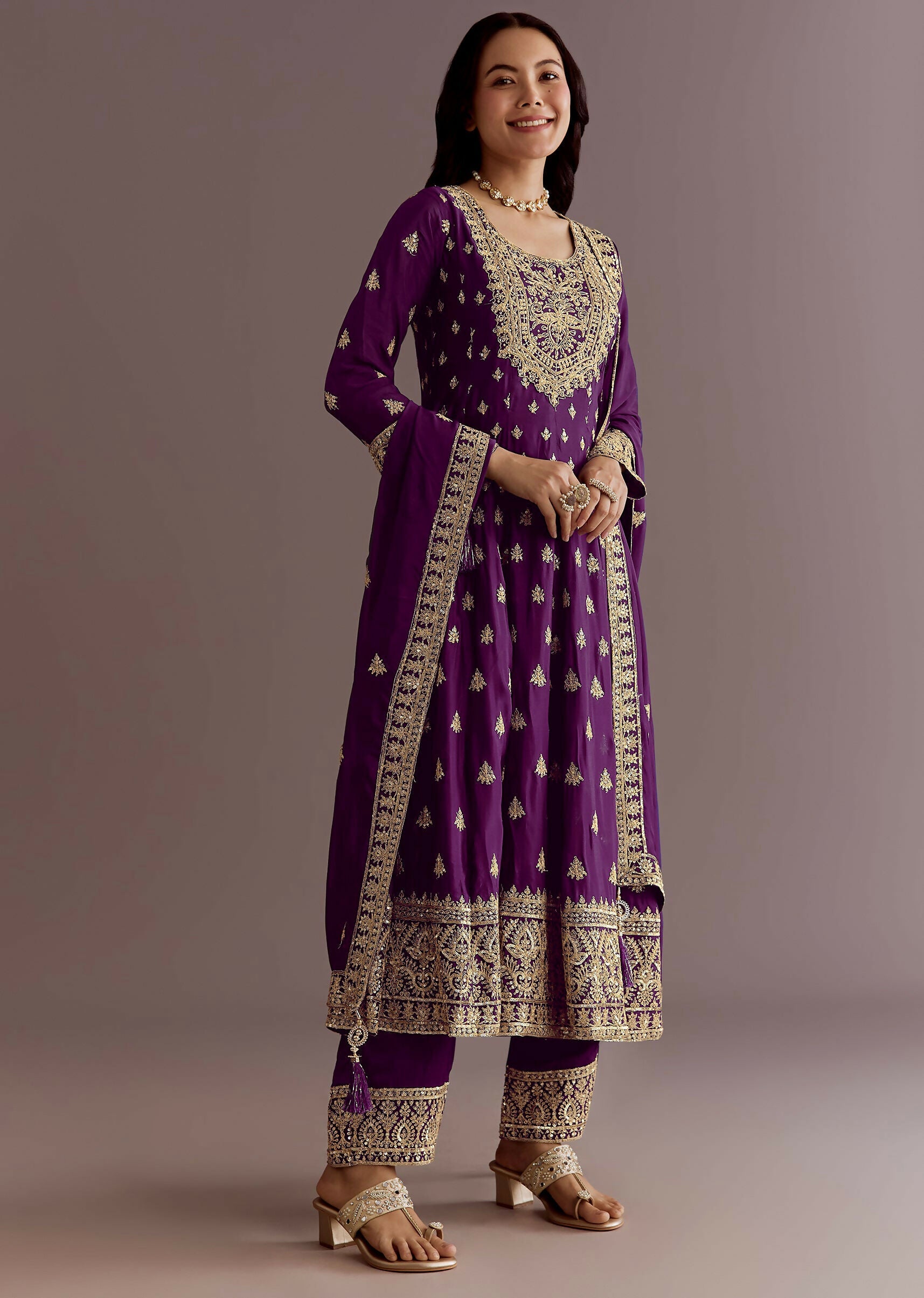 Teeya Creation Wine Color Chinon Silk Embroidery Work Wedding Wear Gown