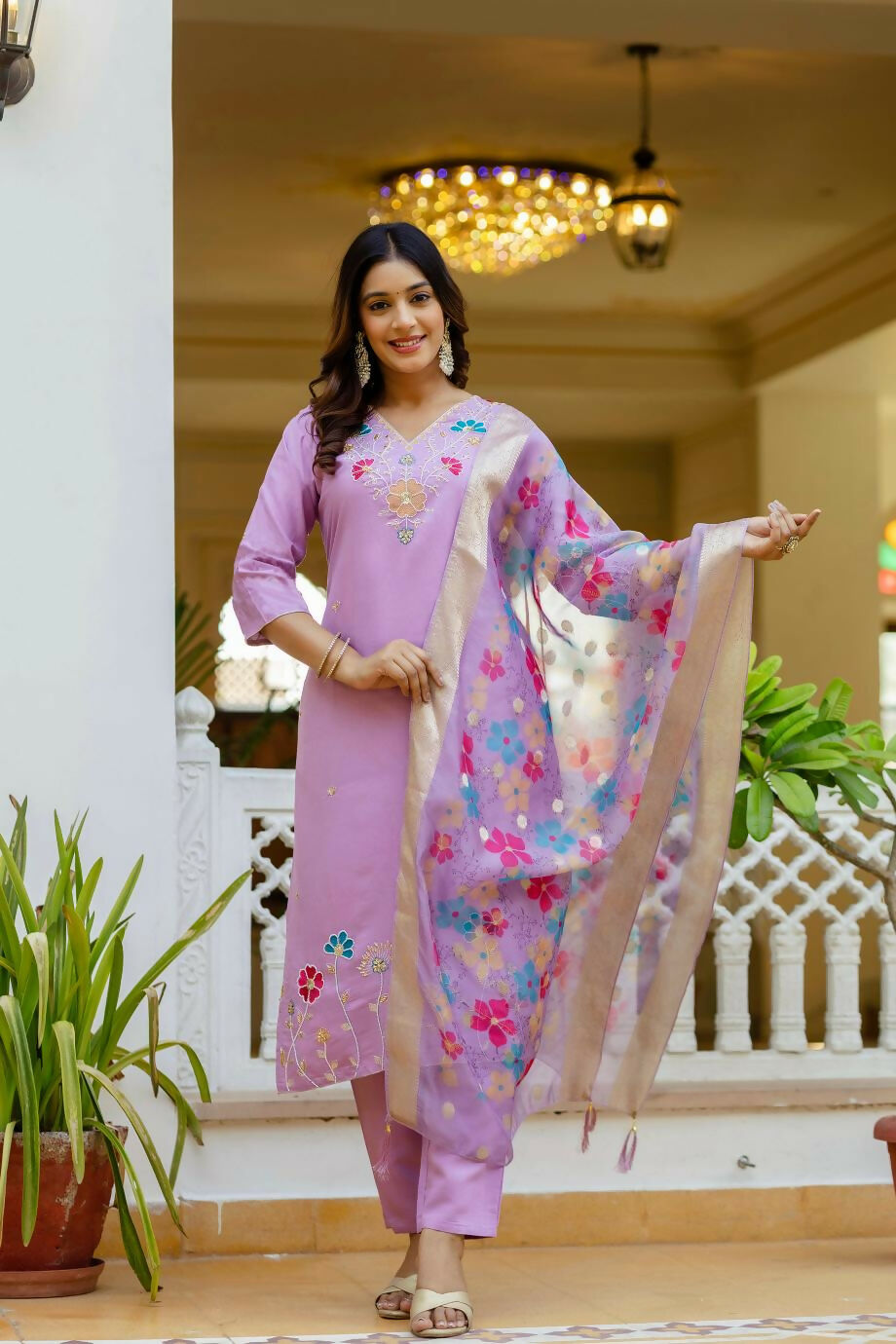 The52 Lavender Women's Gorgeous Embroidered work Viscose Gadhwal Fabric Straight Kurta, Pant and Dupatta Set | Grab2Buy