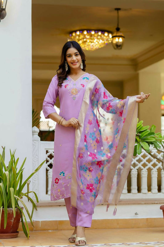 The52 Lavender Women's Gorgeous Embroidered work Viscose Gadhwal Fabric Straight Kurta, Pant and Dupatta Set | Grab2Buy
