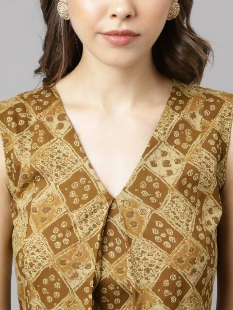 FIORRA Women's Brown Cotton A-Line Kurta Palazzo Set 