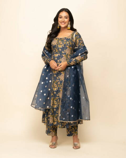 FIORRA Women's Navy Blue Cotton A-Line Kurta Pant With Dupatta 