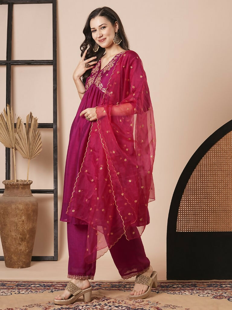 Pink Vichitra Silk Embroidery Work Kurta Set - Riya