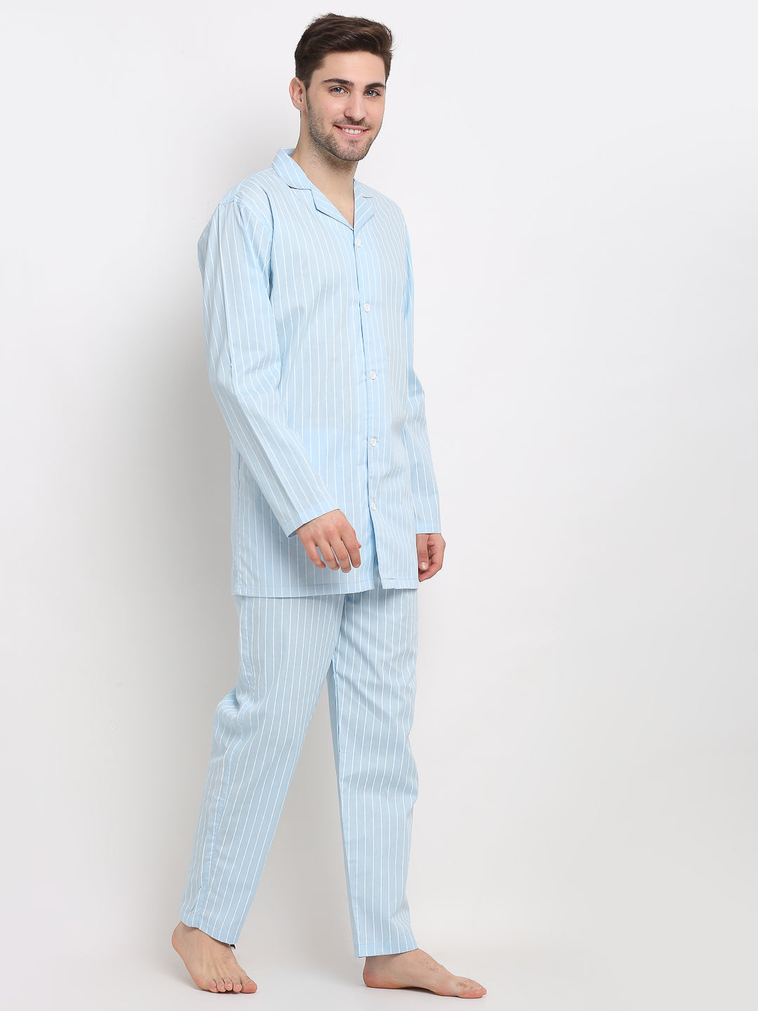 Jainish Men's Sky Cotton Striped Night Suits ( GNS 002Sky )